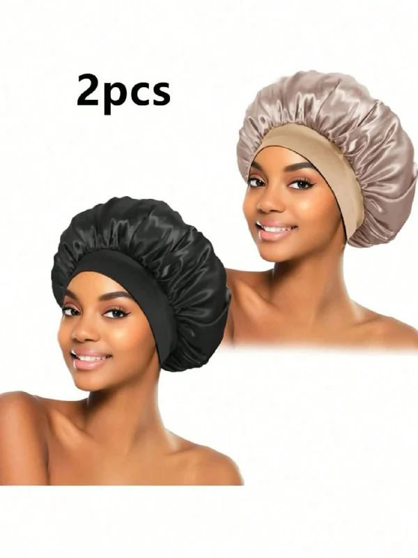 1/2pcs Silk Bonnet For Sleeping, Satin Hair Bonnets, Soft Elastic Band Silk Sleep Cap, Silk Hair Wrap For Curly Hair (Black Gold)