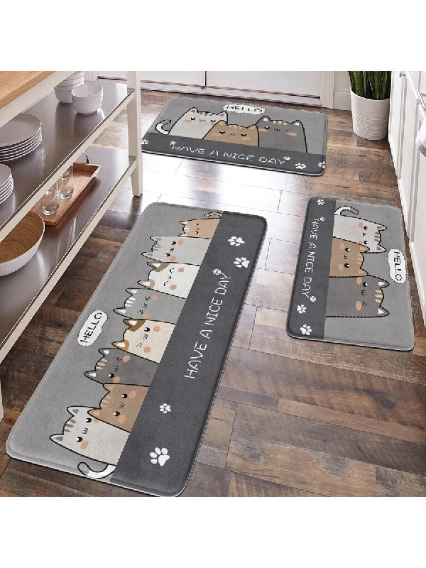 1pc Polyester Rectangle Gray Background Cat Pattern Non-Slip Absorbent Plush Bathroom Mat, Suitable For Kitchen, Living Room, Bathroom Entrance, Hallway