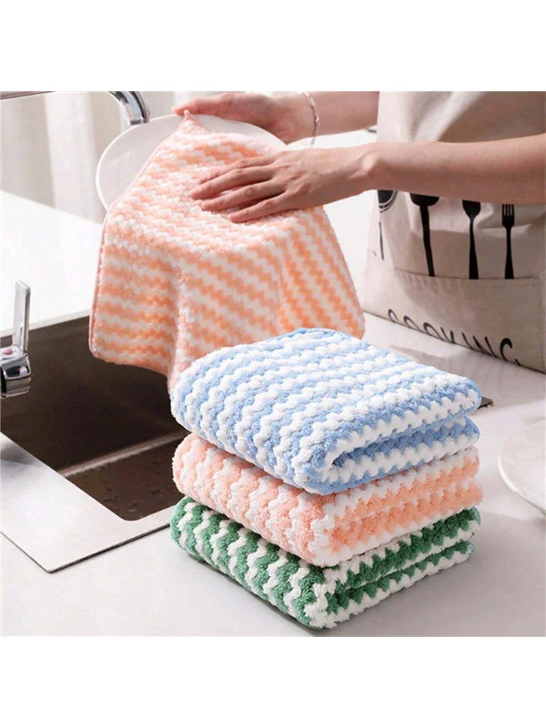 10pcs Coral Velvet Dishcloth For Kitchen Striped Reusable Cleaning Cloth Microfiber Wavy Dish Towel (Random Color)